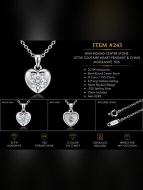 2CTW Heart Moissanite Pendant Necklace 925 Sterling Silver 18” Chain Certified